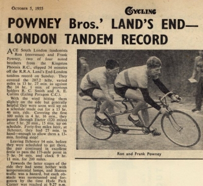 Land's End - London Tandem Record 1955
Keywords: PowneyR;PowneyF;Record;LandsEnd;Newsclip
